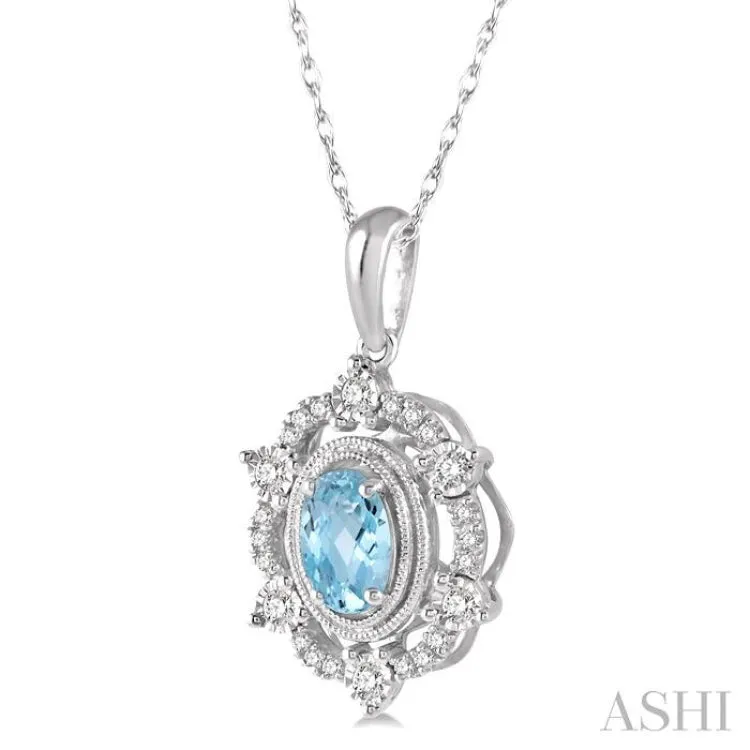 1/6 Ctw Oval Cut 6x4mm Aquamarine & Round Cut Diamond Semi Precious Pendant With Chain in 10K White Gold
