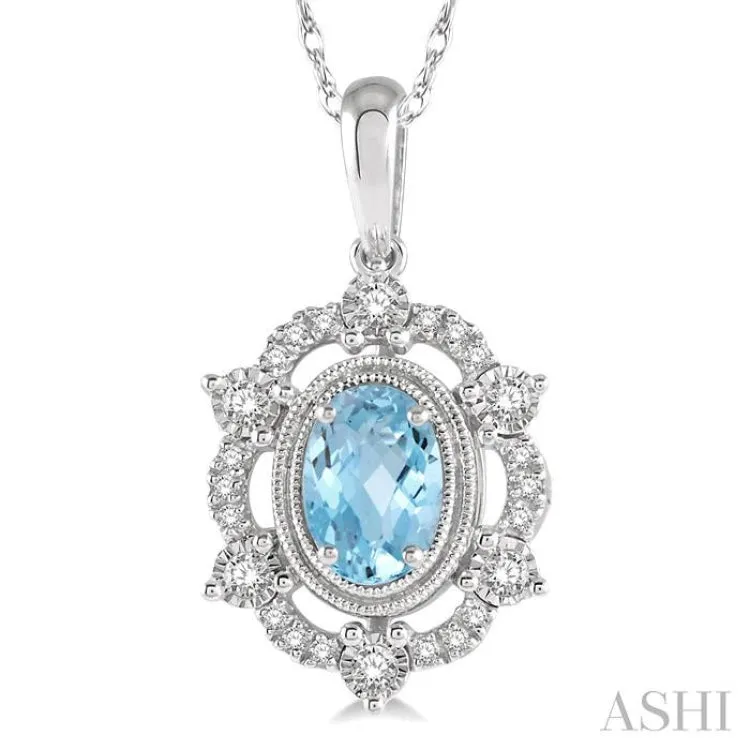 1/6 Ctw Oval Cut 6x4mm Aquamarine & Round Cut Diamond Semi Precious Pendant With Chain in 10K White Gold