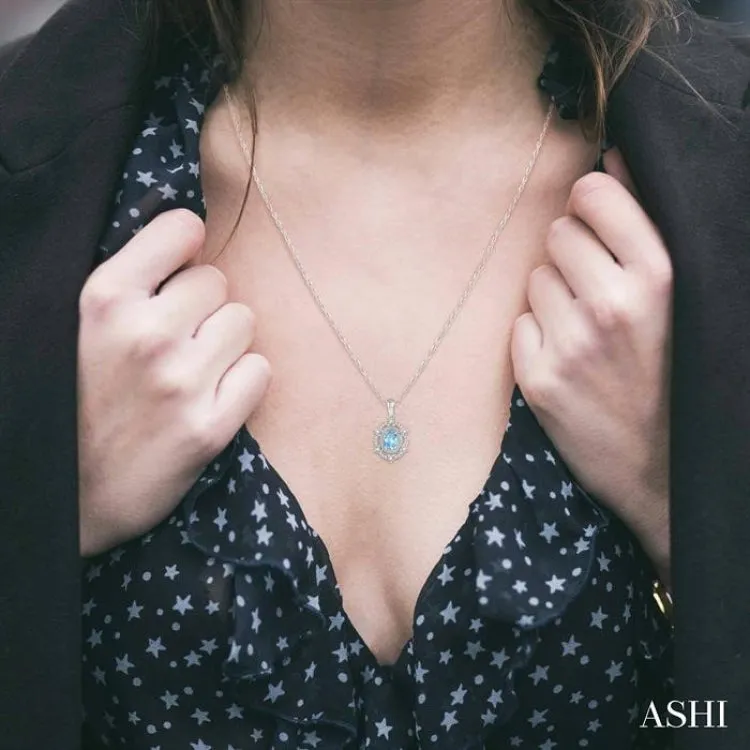 1/6 Ctw Oval Cut 6x4mm Aquamarine & Round Cut Diamond Semi Precious Pendant With Chain in 10K White Gold