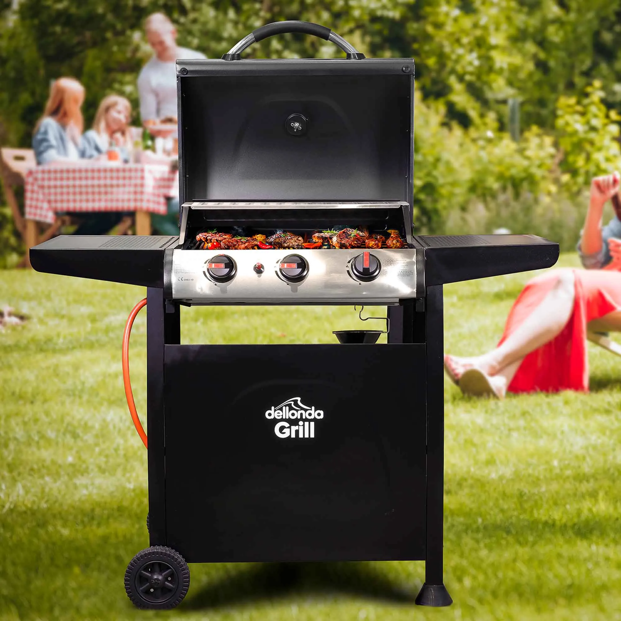 3 Burner Gas BBQ Grill with Piezo Ignition, Built-In Thermometer, Black/Stainless Steel - DG14