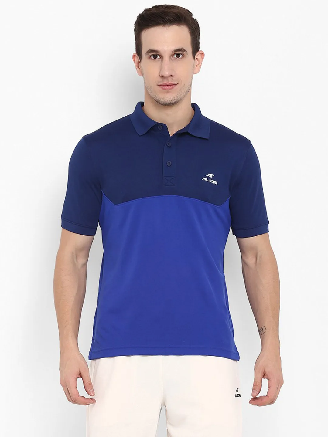 Alcis Men Navy Blue Colourblocked Dry Tech Slim Fit Polo Collar T-shirt
