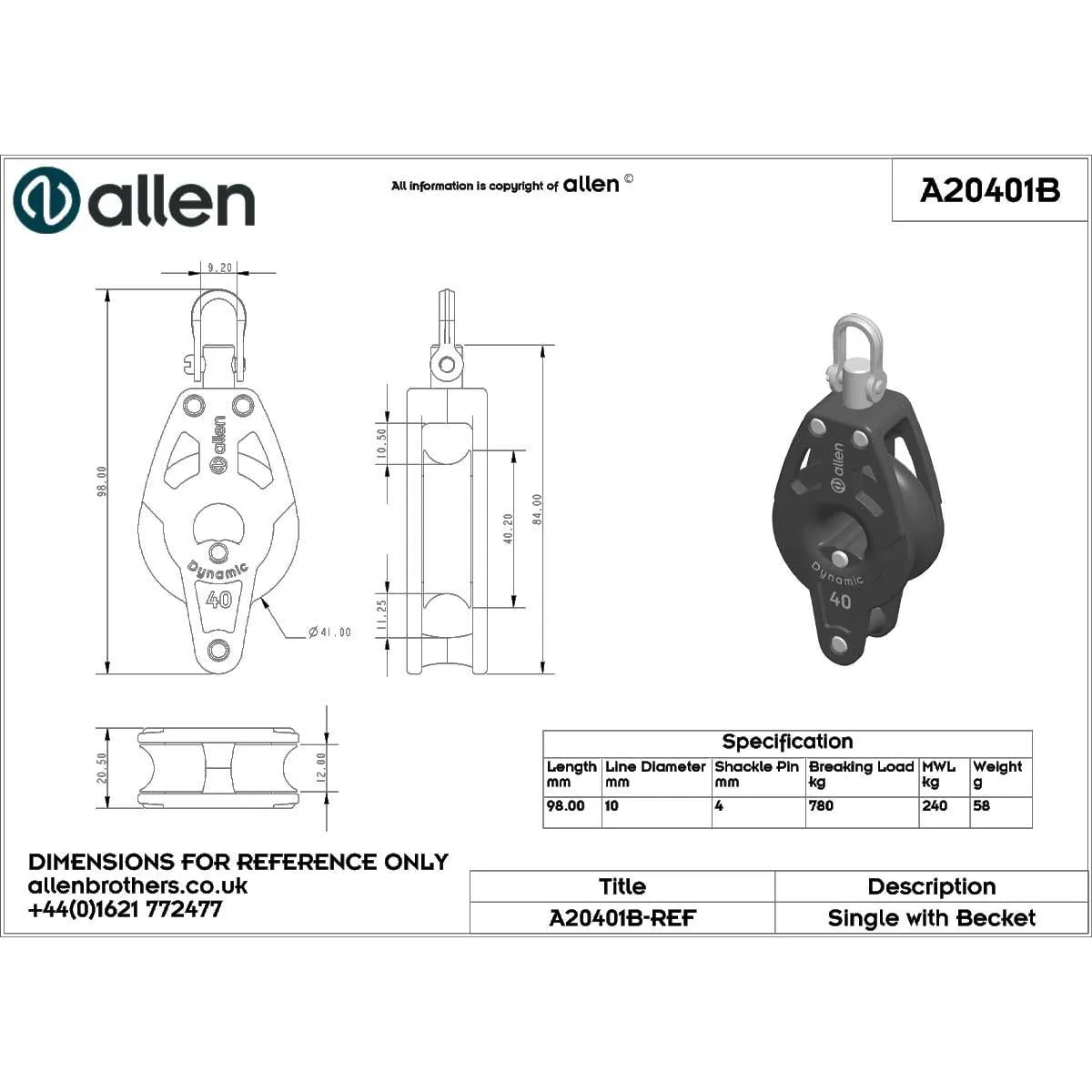 Allen 40mm Dynamic Single Swivel Block With Becket - A20401B