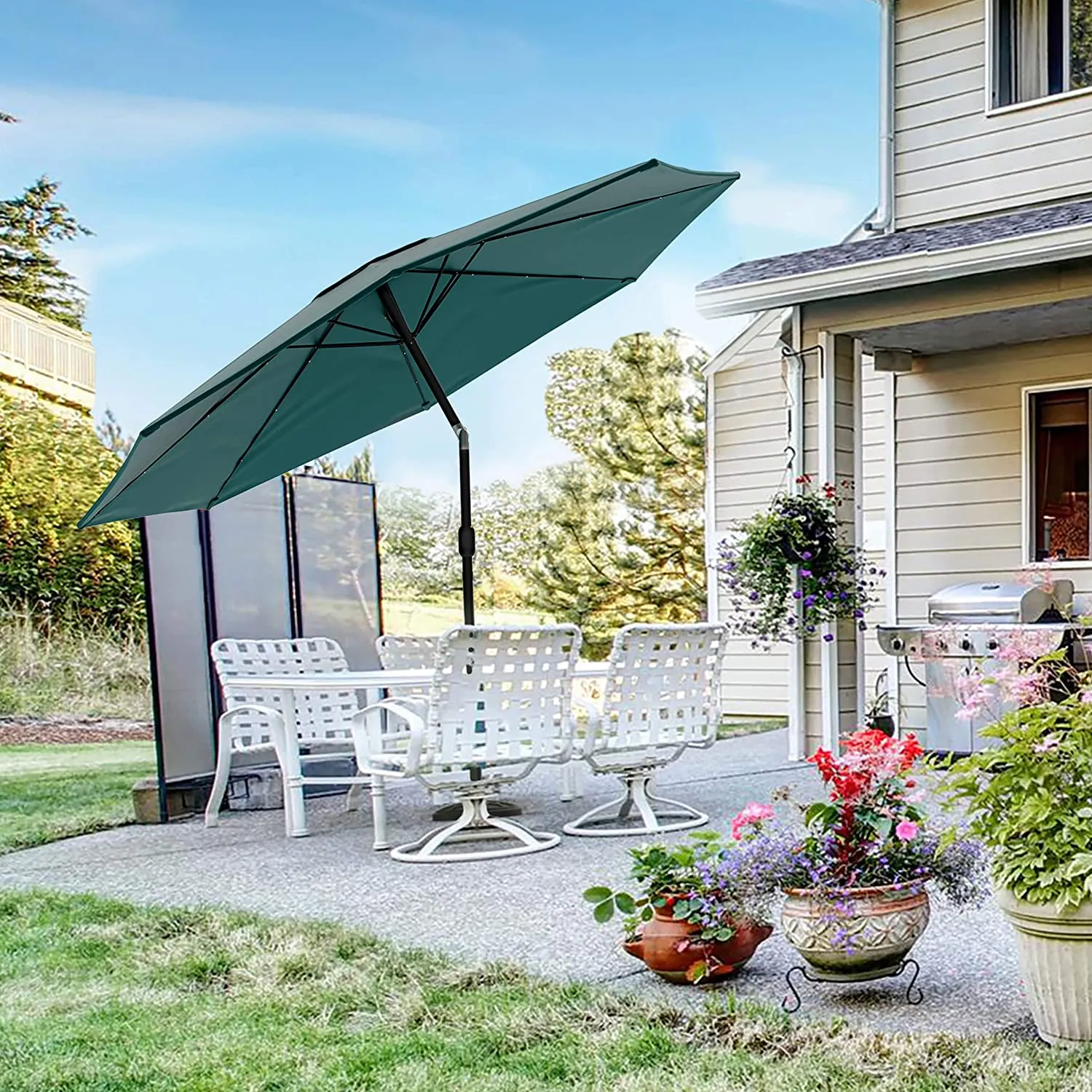 Amazing Solar LED Pure Garden Patio Umbrella – 10 Foot Deck Shade with Solar Powered LED Lights Crank Tilt & Fade Resistant, UV Protection Canopy (Hunter Green) Retails $550 