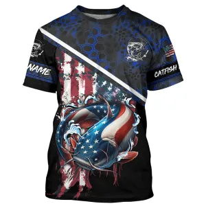 American Flag catfish fishing blue camo Custom name fishing jerseys | Tshirt - NPQ842