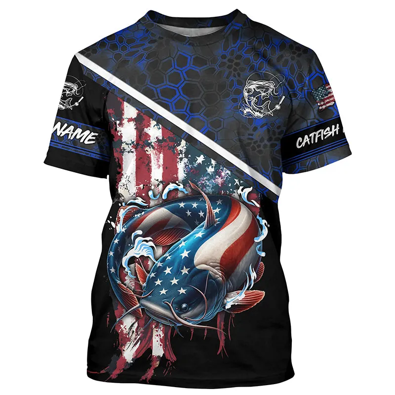 American Flag catfish fishing blue camo Custom name fishing jerseys | Tshirt - NPQ842