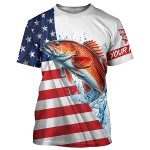 American flag patriotic Redfish fishing Custom Name UV Protection Fishing T-shirt NQS5369
