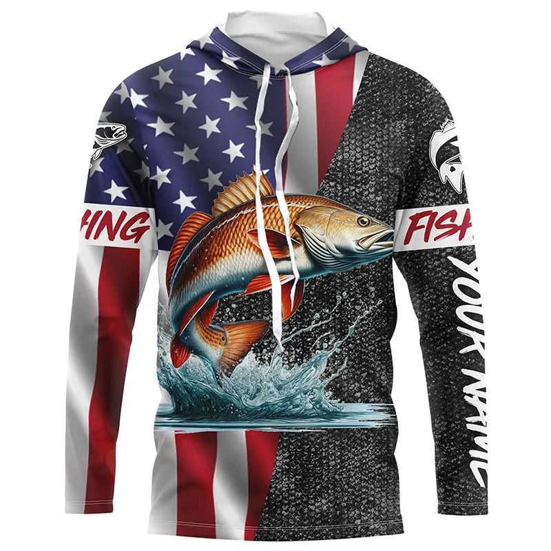 American Flag patriotic redfish Fishing Jerseys, Personalized red drum fishing Long sleeve shirts NQS4957