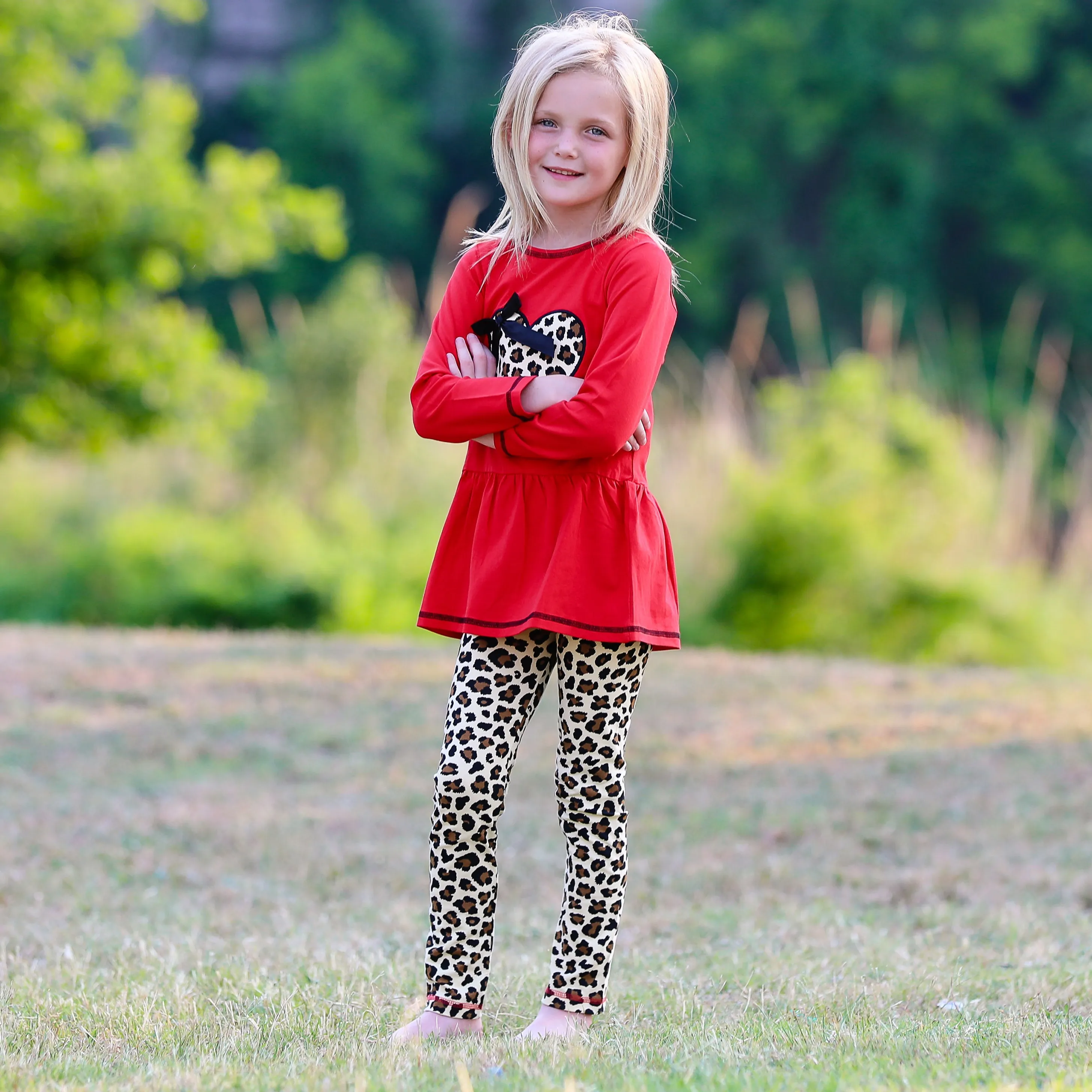 AnnLoren Girls Winter Leopard Heart Holiday Dress Tunic & Leggings Set Outfit