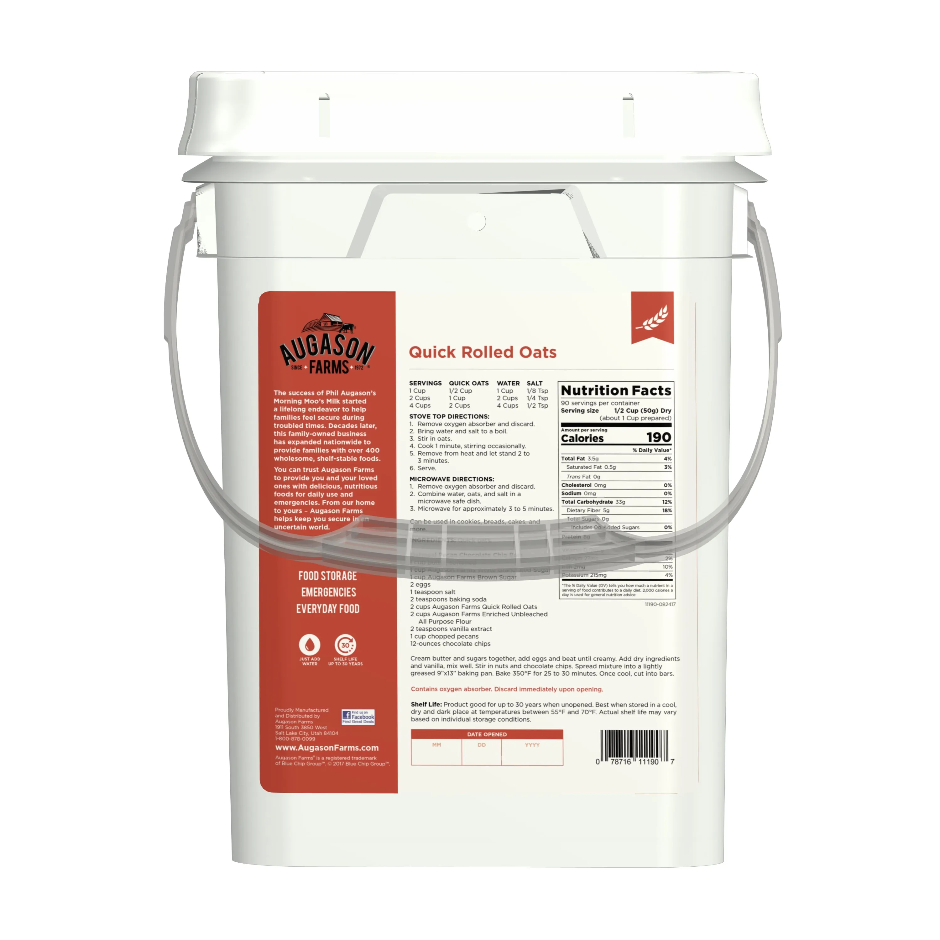 Augason Farms Quick Rolled Oats Emergency Food Storage 10 Pound Pail