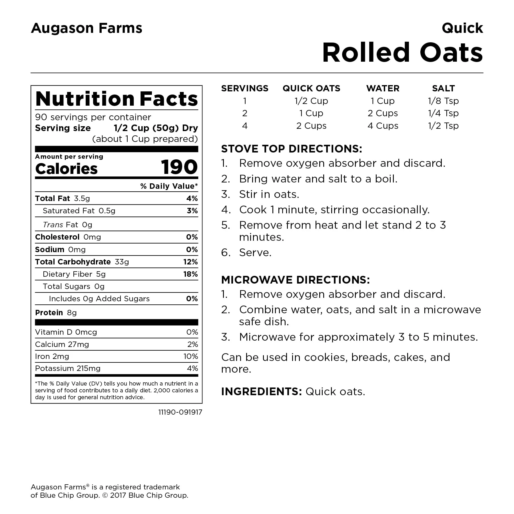 Augason Farms Quick Rolled Oats Emergency Food Storage 10 Pound Pail