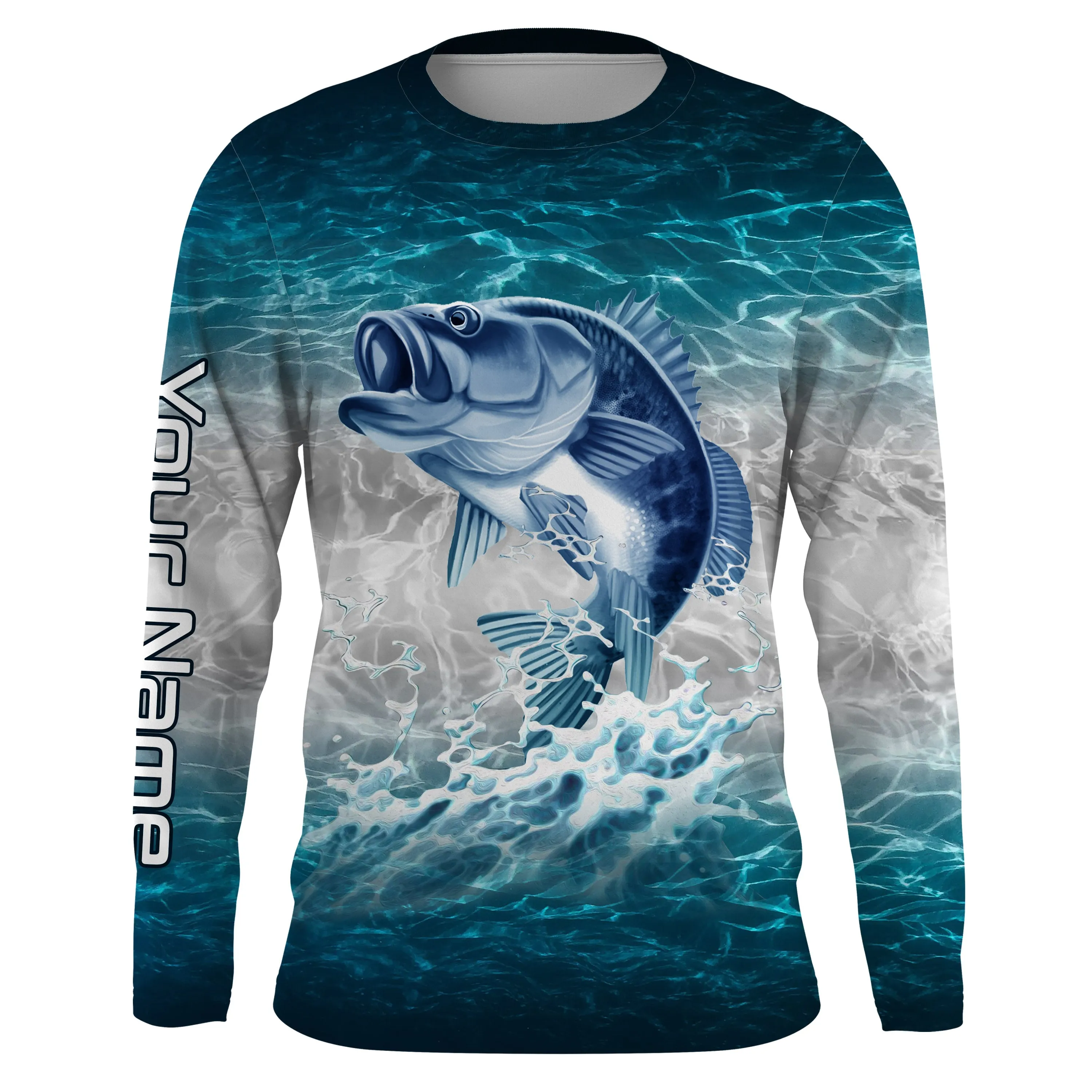 Bass fishing blue sea water camo Custom name Long sleevefishing shirts, Long Sleeve Hooded NPQ864