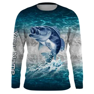 Bass fishing blue sea water camo Custom name Long sleevefishing shirts, Long Sleeve Hooded NPQ864