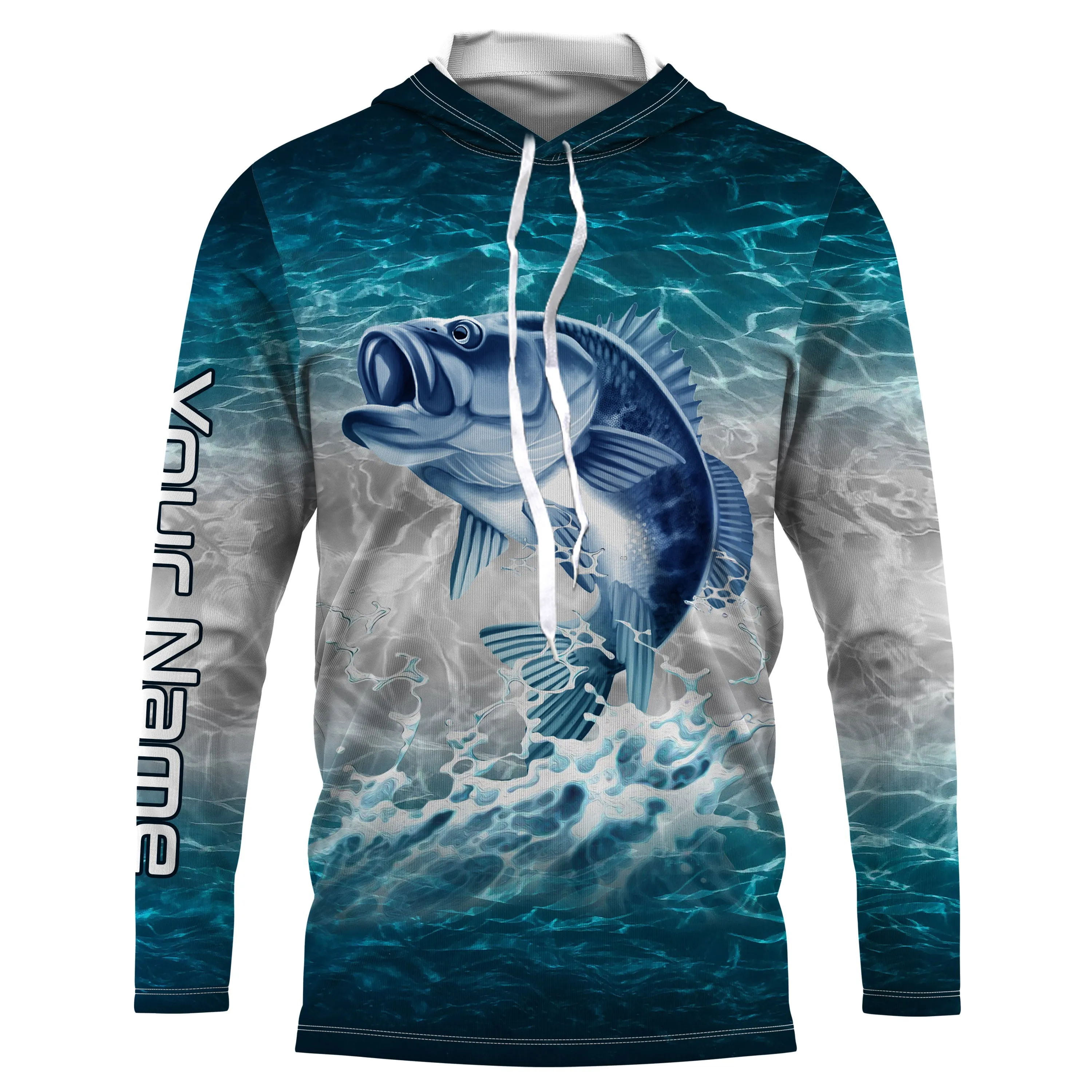 Bass fishing blue sea water camo Custom name Long sleevefishing shirts, Long Sleeve Hooded NPQ864