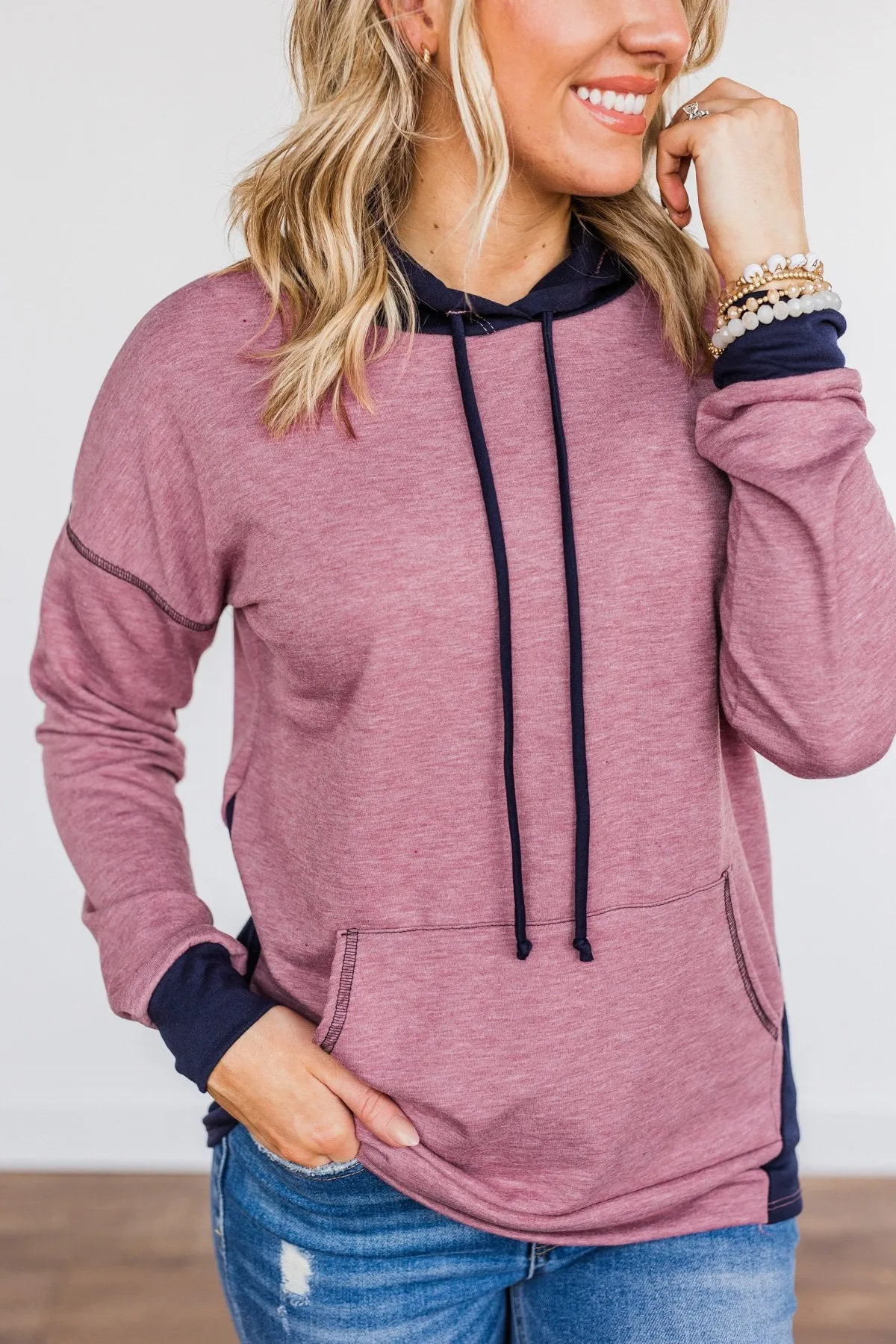 Blocking You Out Hooded Long Sleeve Top- Purple & Navy
