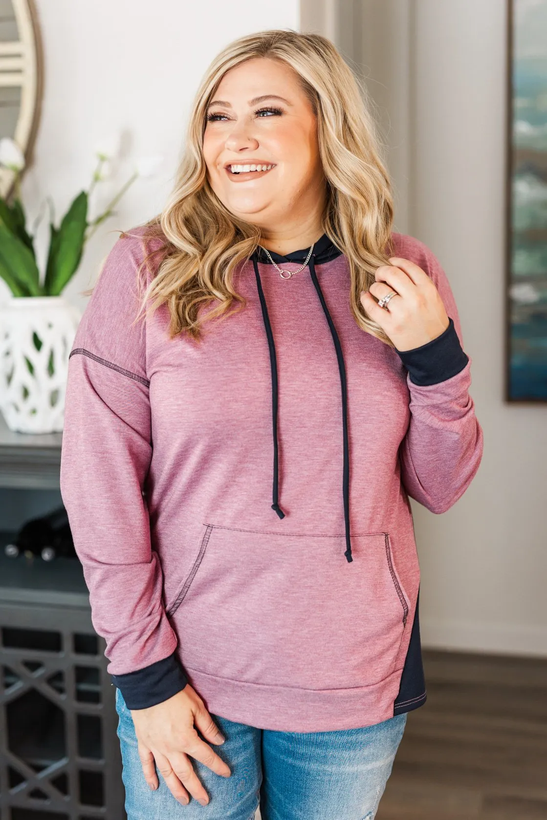 Blocking You Out Hooded Long Sleeve Top- Purple & Navy