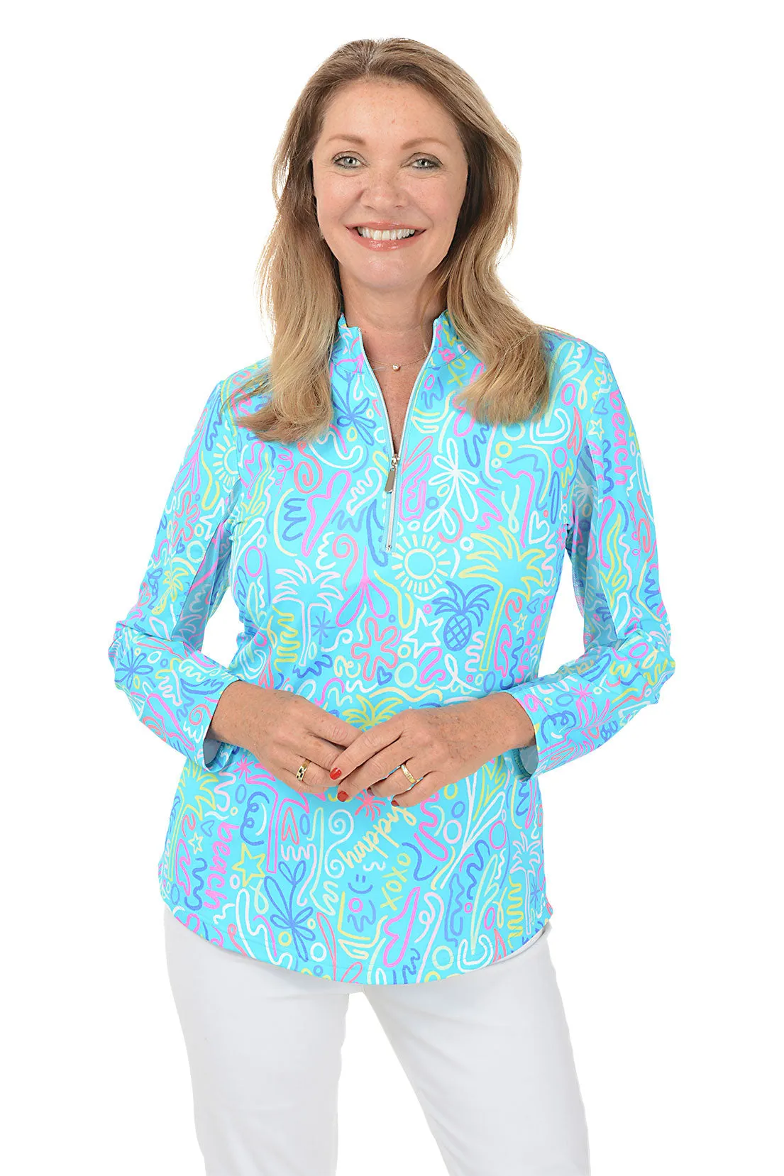 Blue Beach Drawings Cooling UPF50  Mock Neck Top