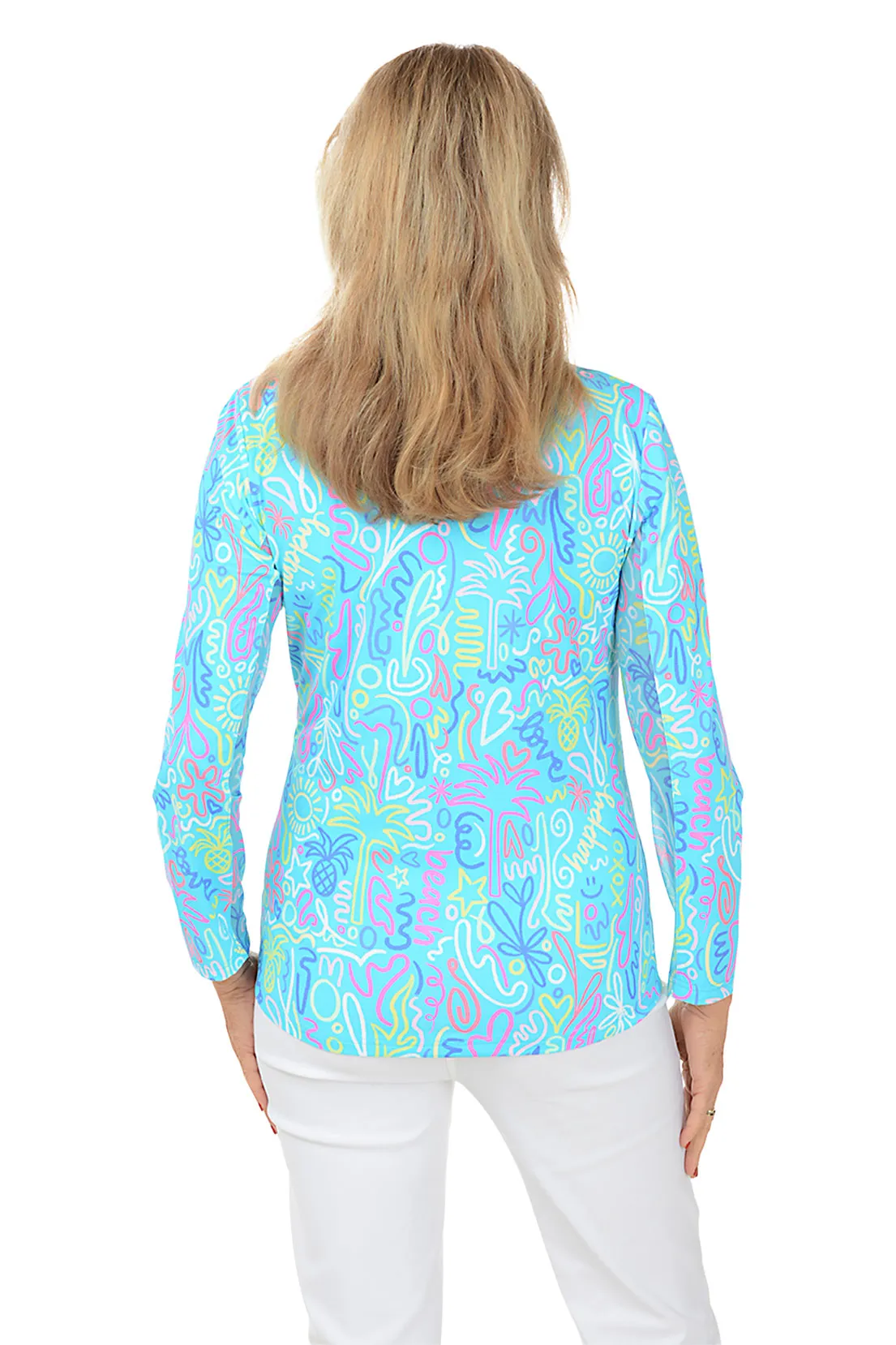 Blue Beach Drawings Cooling UPF50  Mock Neck Top
