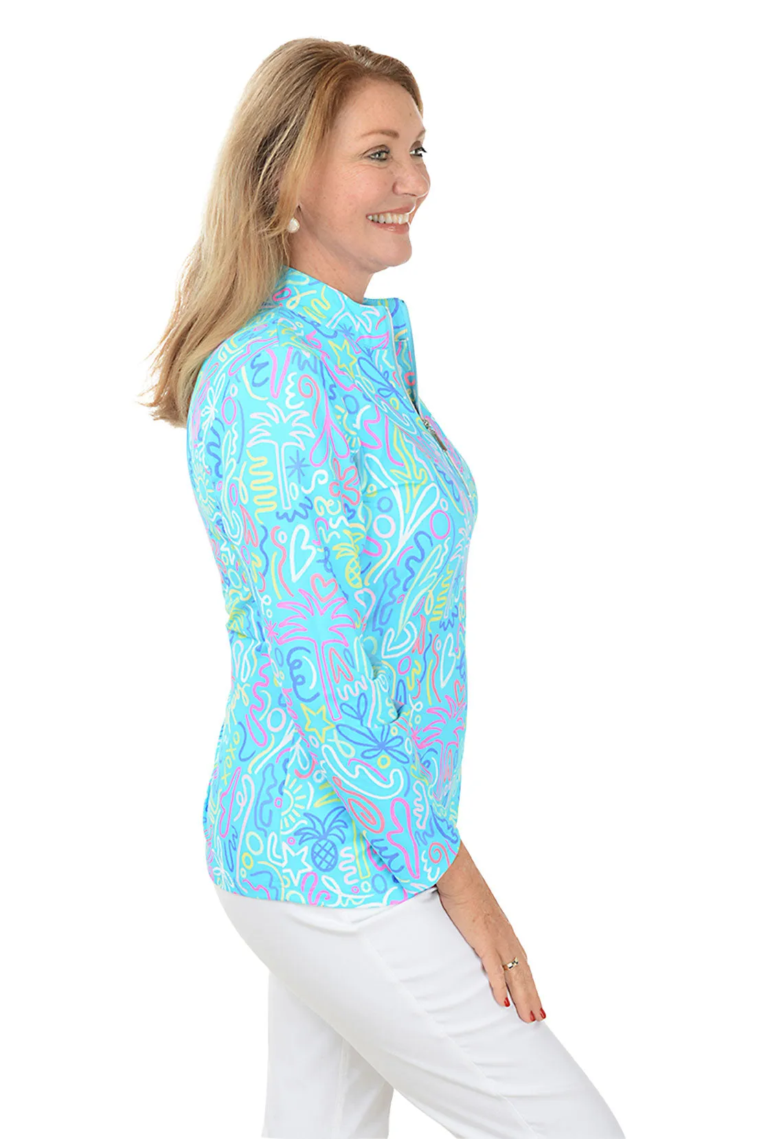 Blue Beach Drawings Cooling UPF50  Mock Neck Top