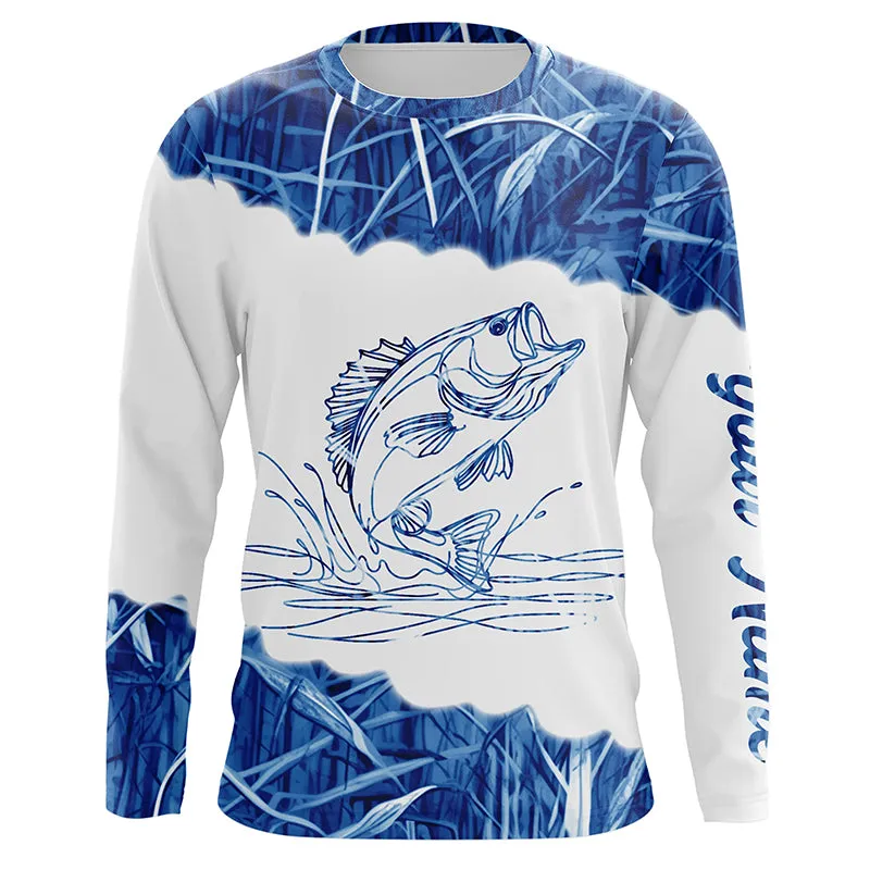Blue camo Largemouth bass Customize Name UV protection long sleeves fishing shirt NPQ98