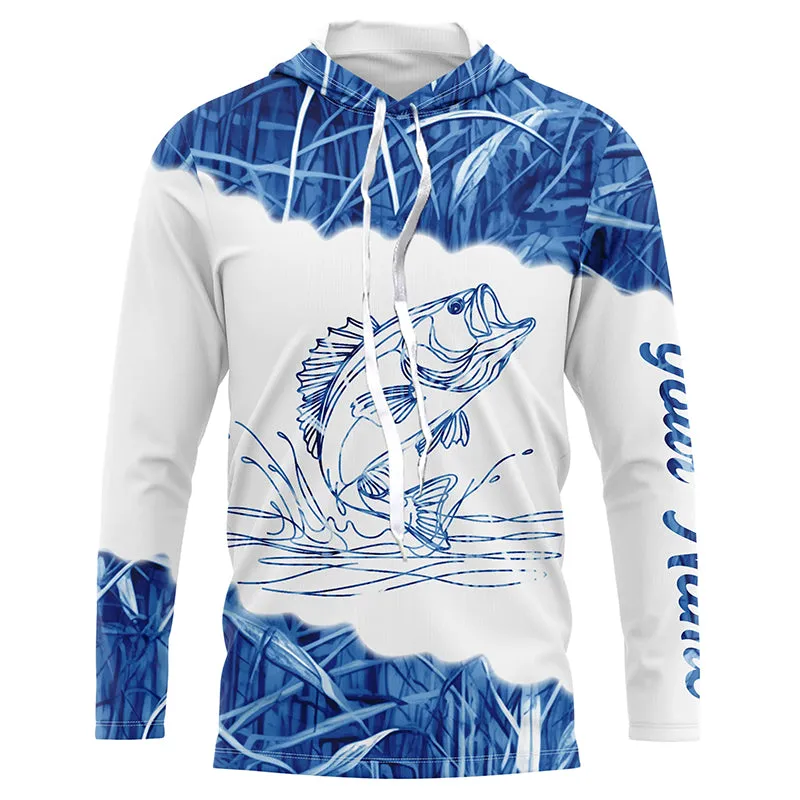 Blue camo Largemouth bass Customize Name UV protection long sleeves fishing shirt NPQ98