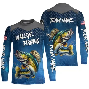 Blue camo Walleye fishing Custom performance Kid long sleeve team Walleye fishing tournament Kid shirts NQS7718