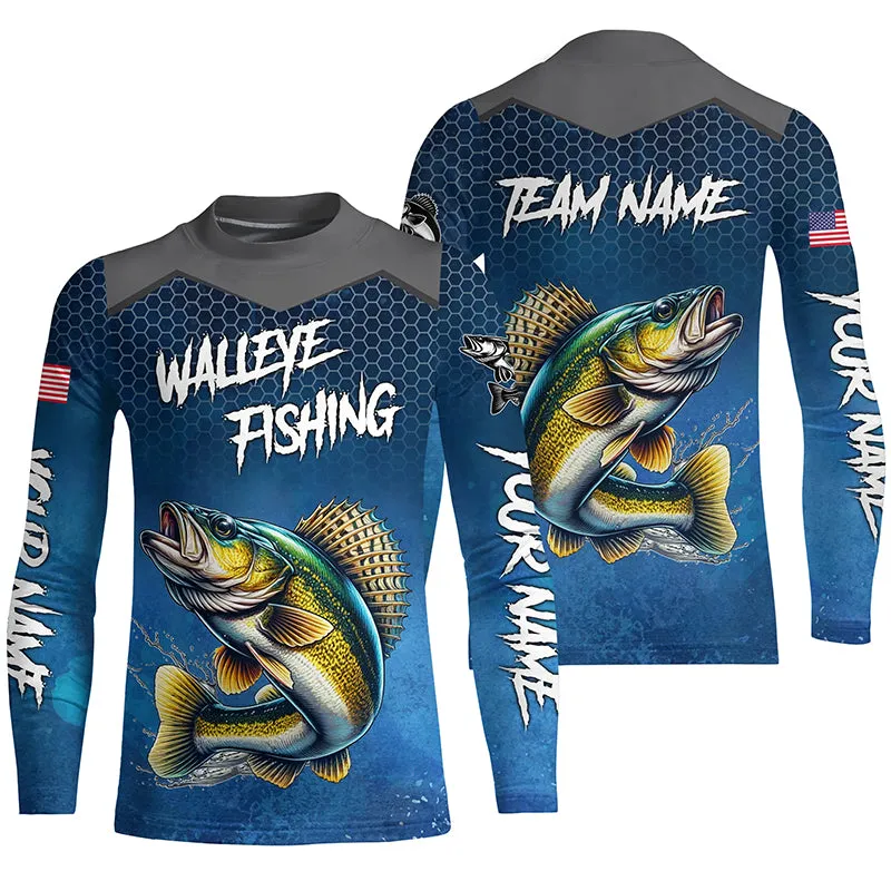 Blue camo Walleye fishing Custom performance Kid long sleeve team Walleye fishing tournament Kid shirts NQS7718