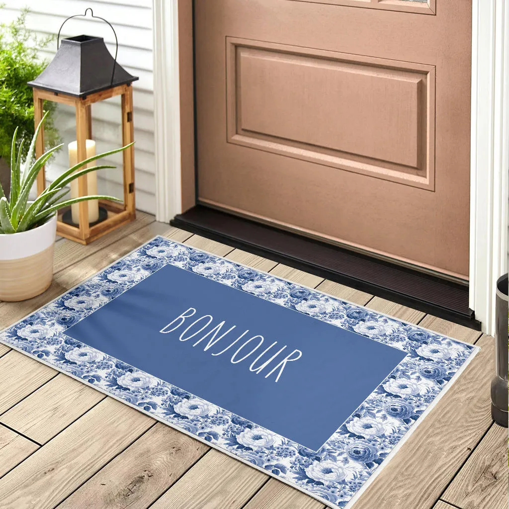Bonjour French Flower Pattern Door Mat Welcome Mat
