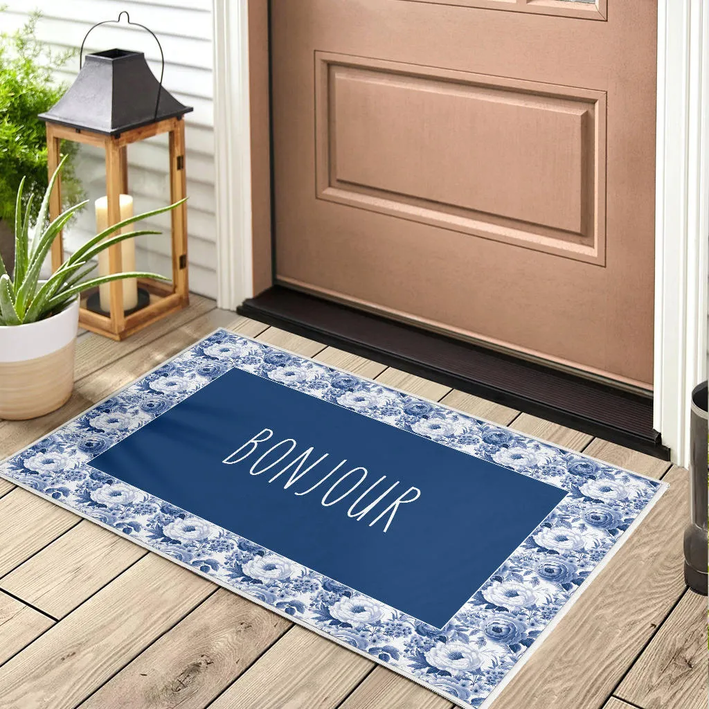 Bonjour French Flower Pattern Door Mat Welcome Mat