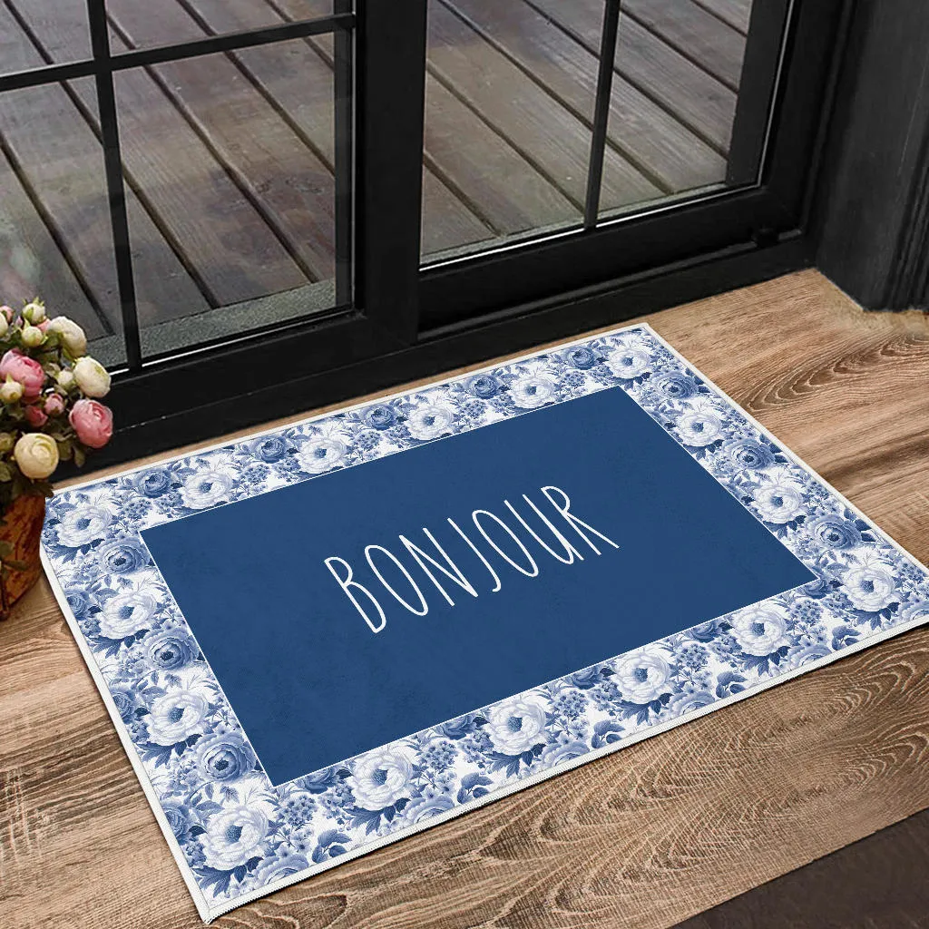 Bonjour French Flower Pattern Door Mat Welcome Mat