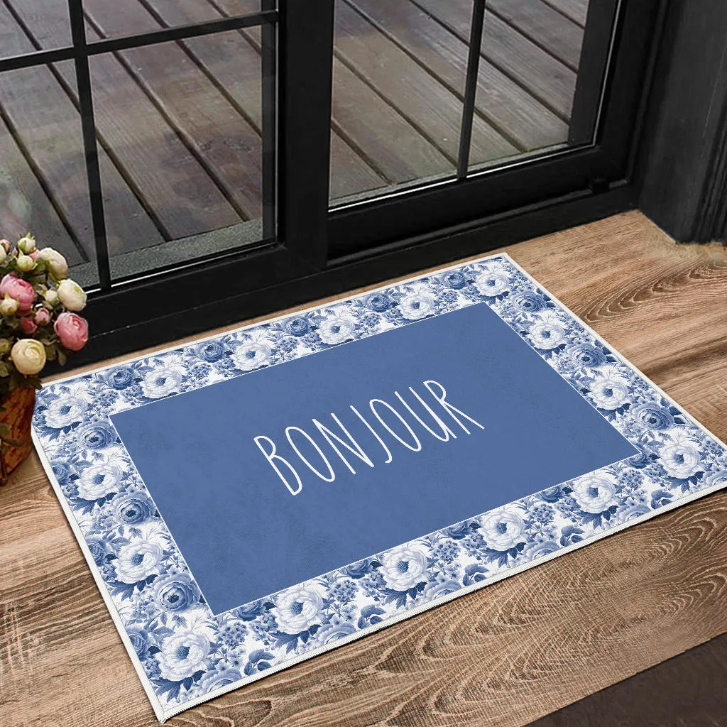Bonjour French Flower Pattern Door Mat Welcome Mat