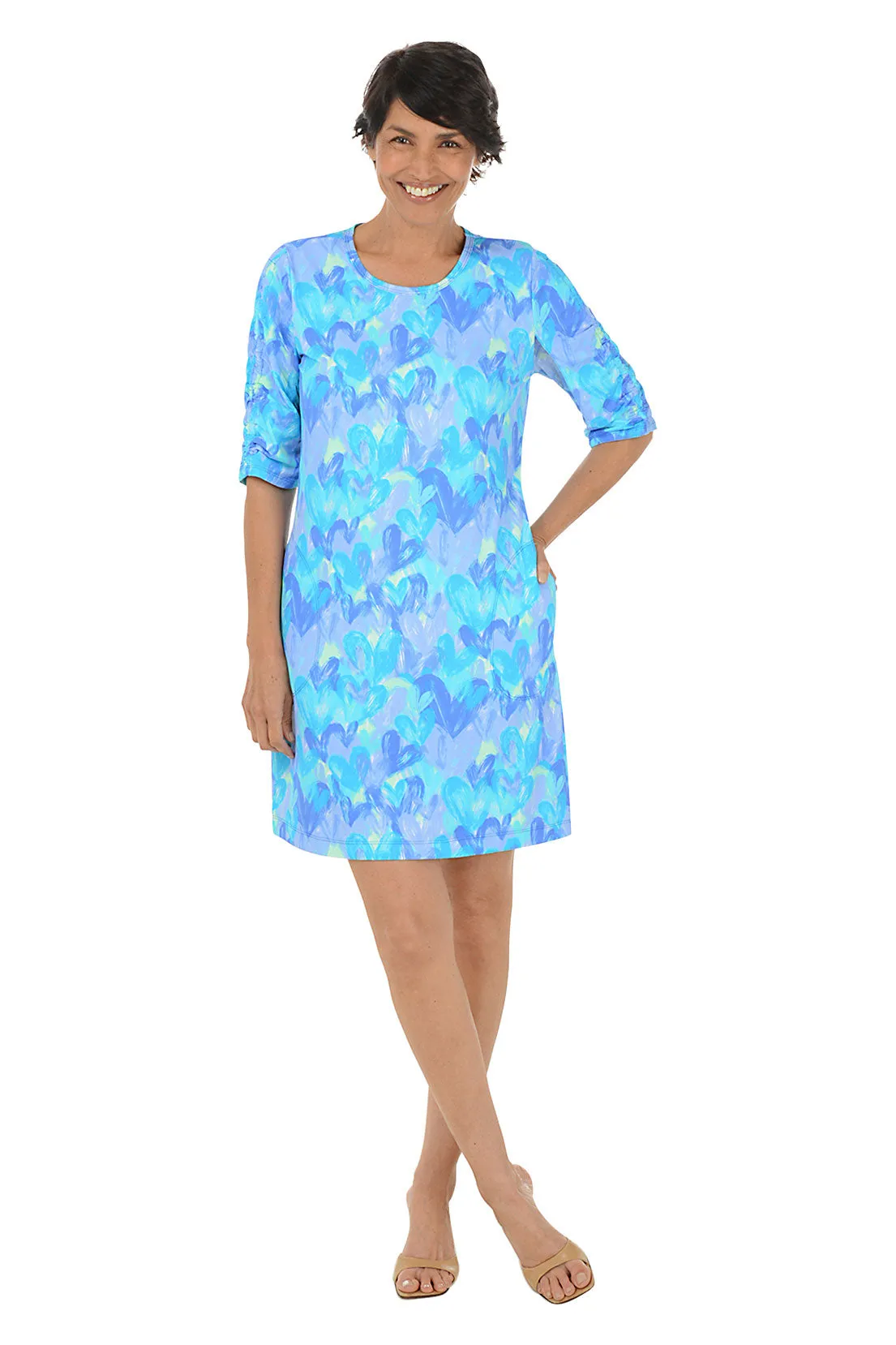 Brushstroke Hearts Cooling UPF50  Ruched Sleeve Dress
