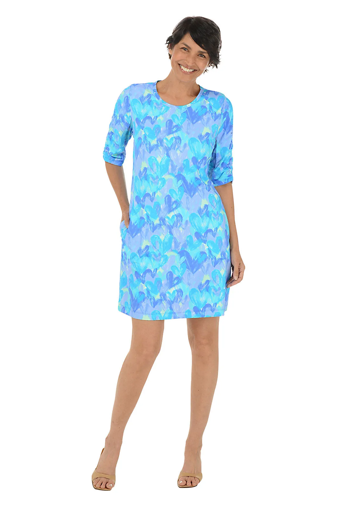 Brushstroke Hearts Cooling UPF50  Ruched Sleeve Dress