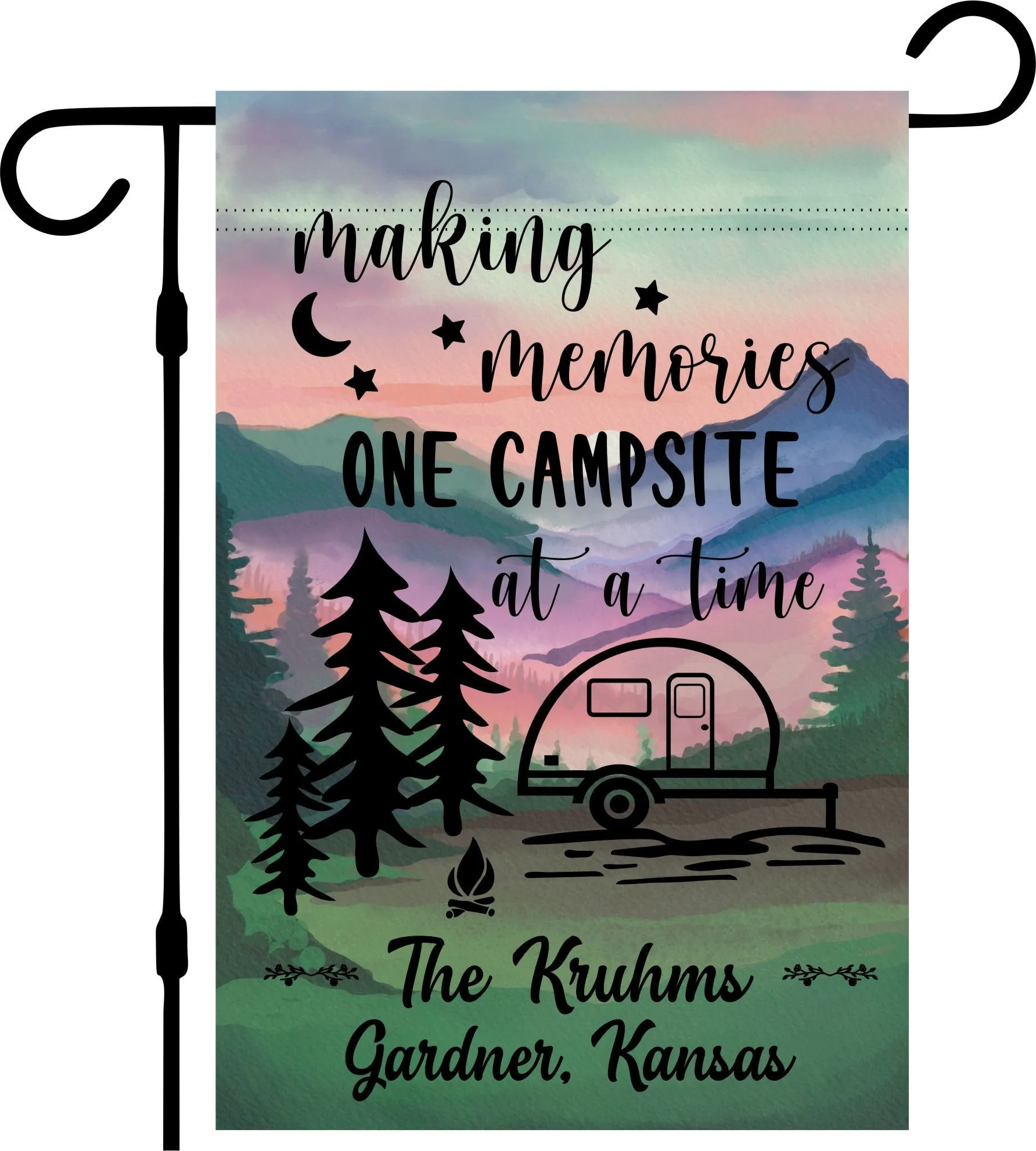 Camper Campsite garden Flag, Personalized bright Camping sign, Camp outdoor Decor, Gift outdoorsman traveler, Custom Decor rv trailer popup