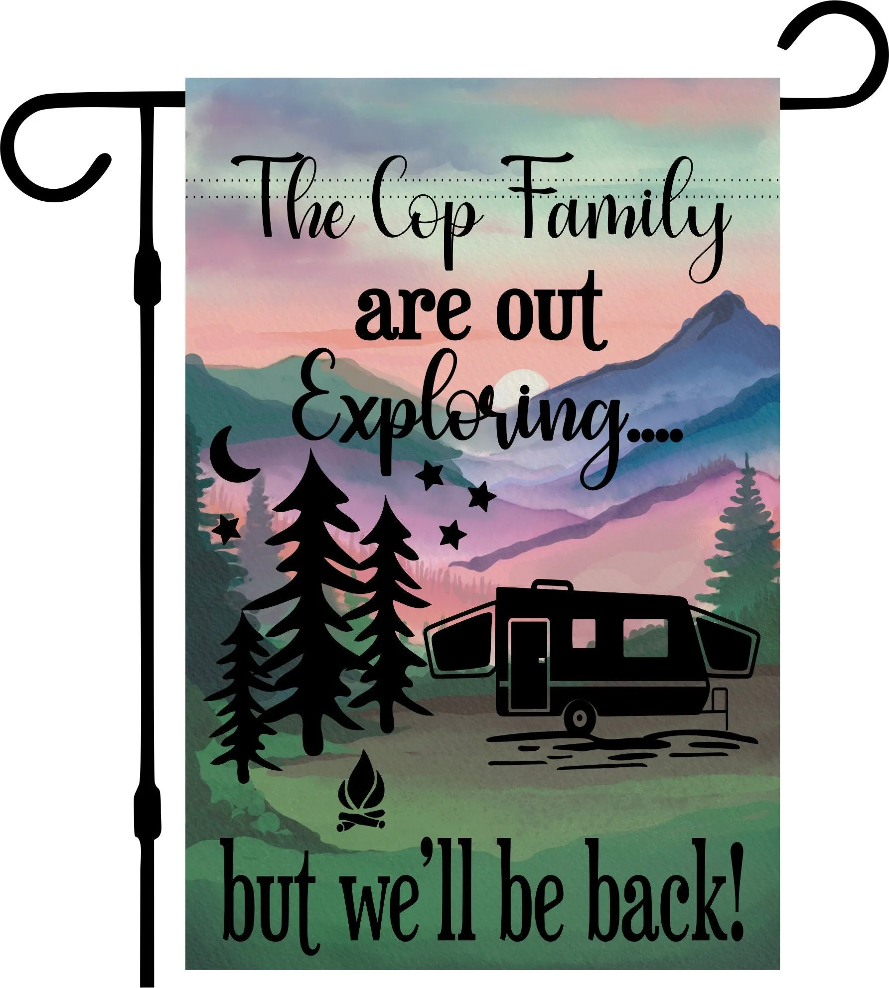 Camper Campsite garden Flag, Personalized bright Camping sign, Camp outdoor Decor, Gift outdoorsman traveler, Custom Decor rv trailer popup