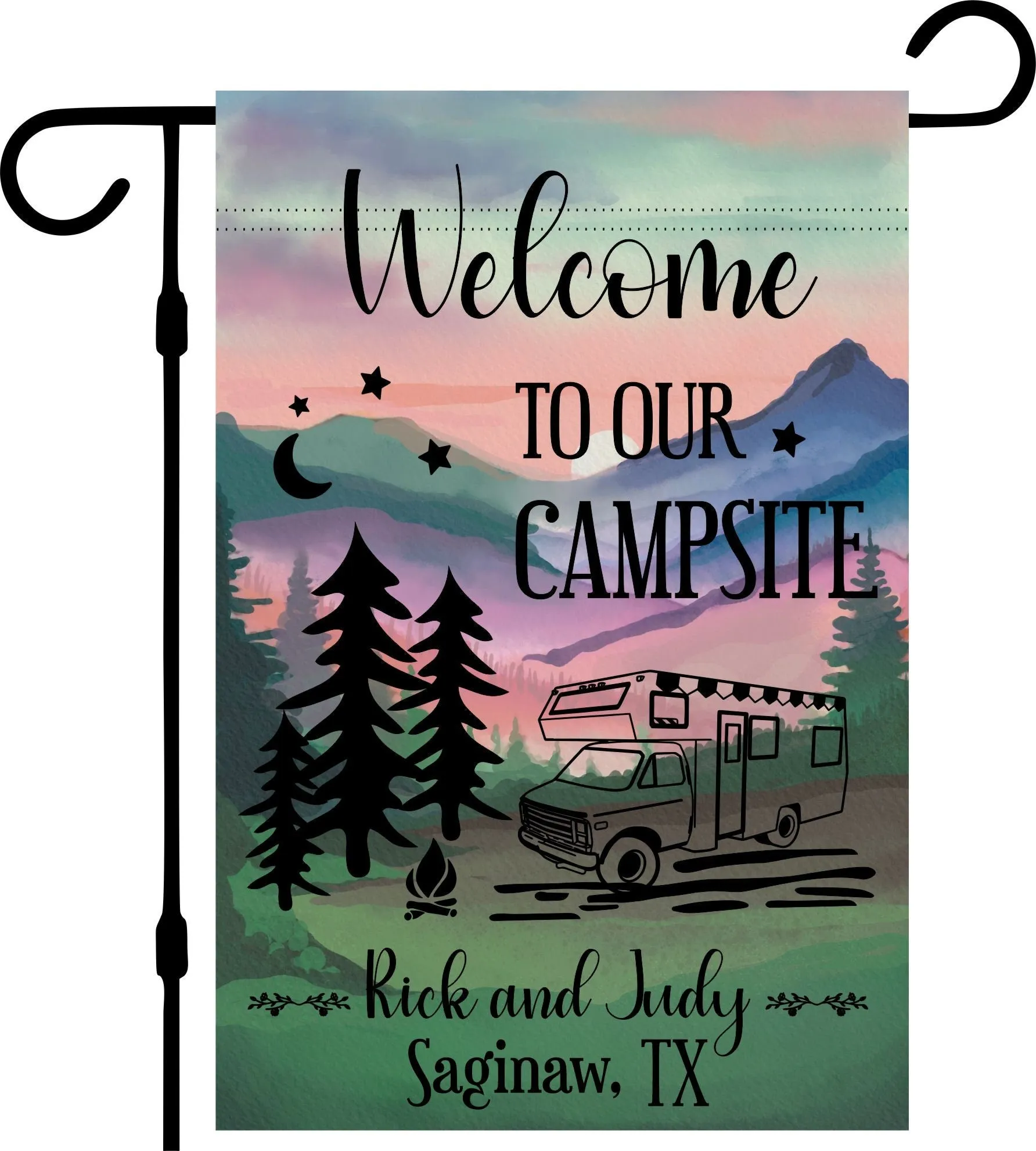 Camper Campsite garden Flag, Personalized bright Camping sign, Camp outdoor Decor, Gift outdoorsman traveler, Custom Decor rv trailer popup