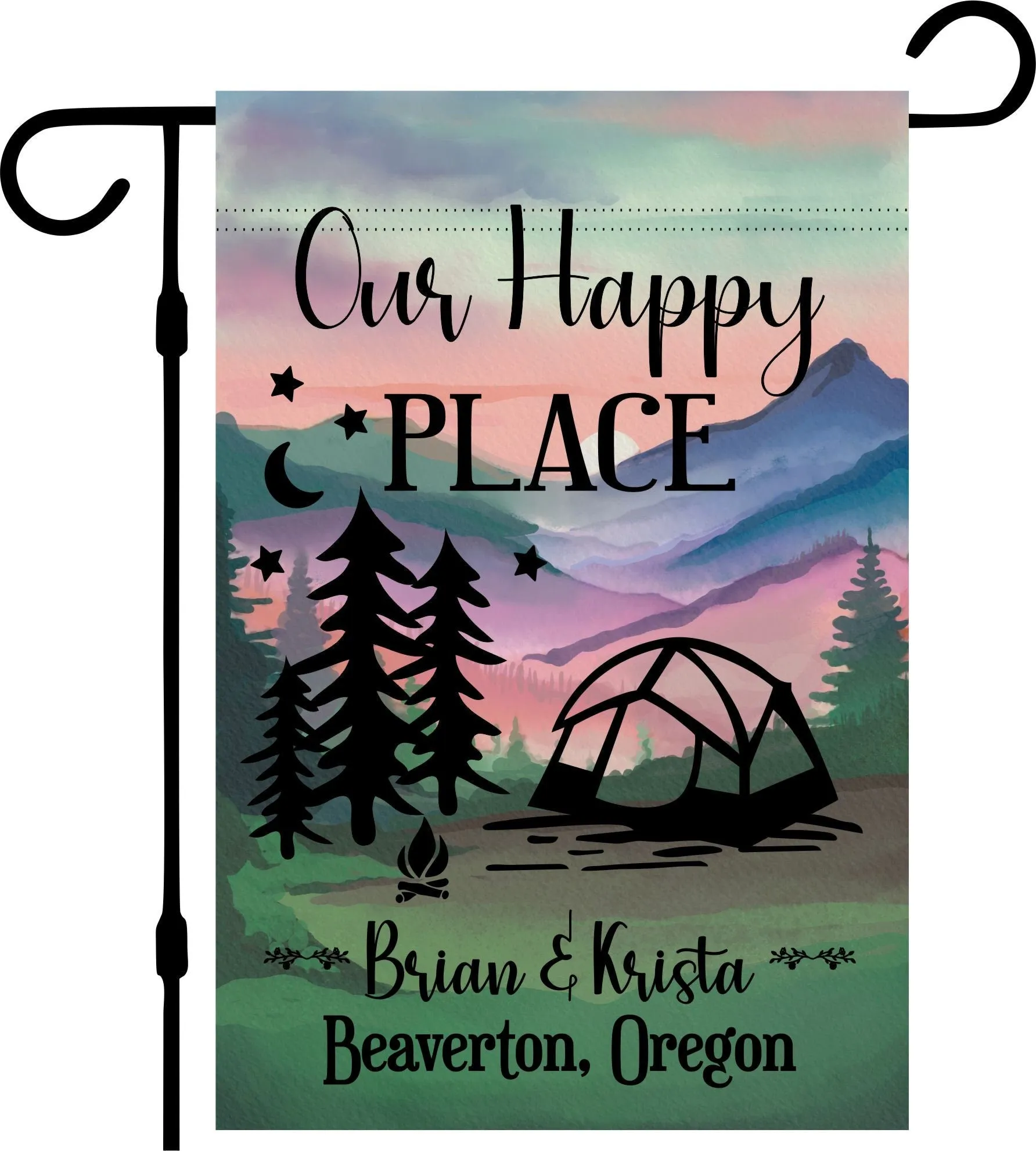 Camper Campsite garden Flag, Personalized bright Camping sign, Camp outdoor Decor, Gift outdoorsman traveler, Custom Decor rv trailer popup