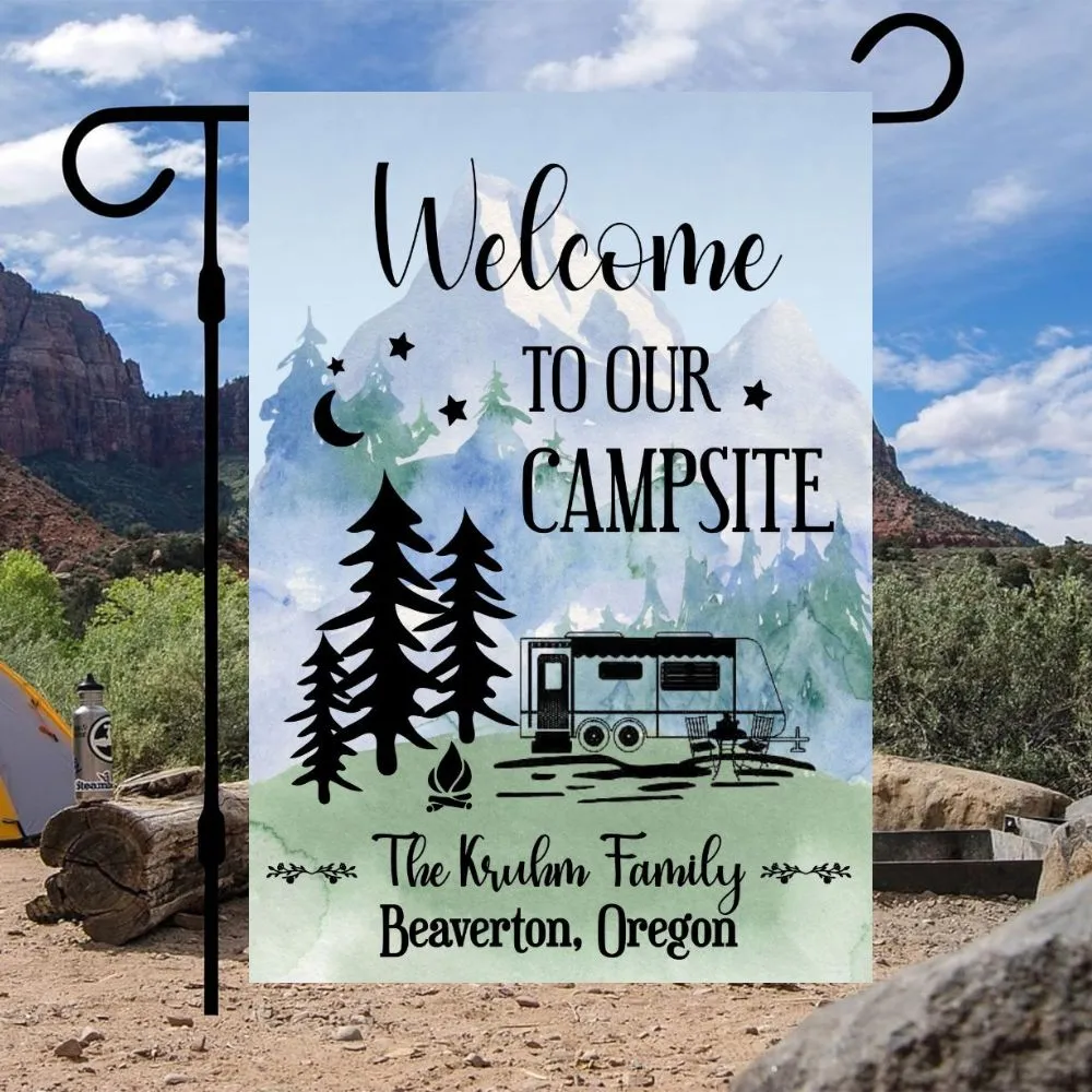 Camping Garden Flag for Campsite - Custom outdoor campsite decoration sign - Personalized Welcome to our Campsite gift for camper - Decor for RV and trailer, Retirement Gift