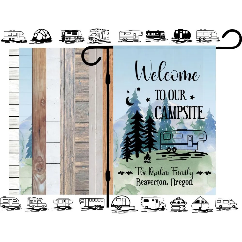 Camping Garden Flag for Campsite - Custom outdoor campsite decoration sign - Personalized Welcome to our Campsite gift for camper - Decor for RV and trailer, Retirement Gift