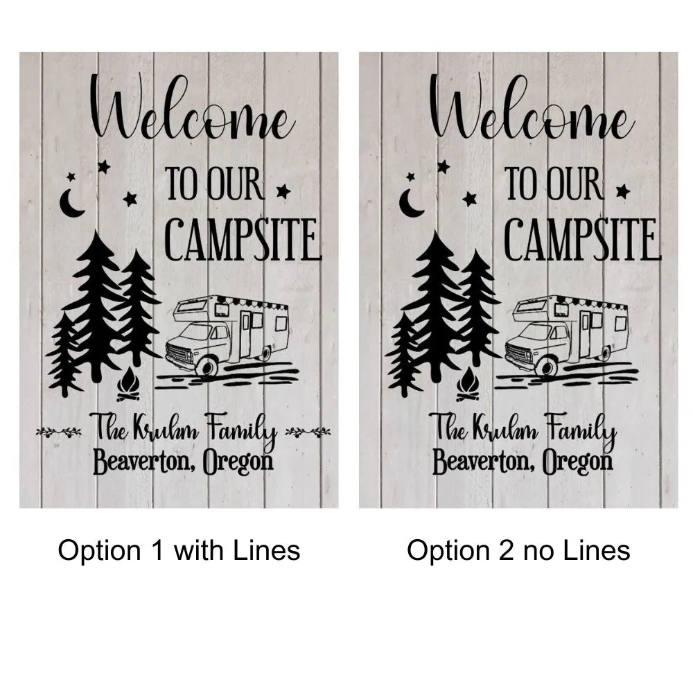 Camping Garden Flag for Campsite - Custom outdoor campsite decoration sign - Personalized Welcome to our Campsite gift for camper - Decor for RV and trailer, Retirement Gift