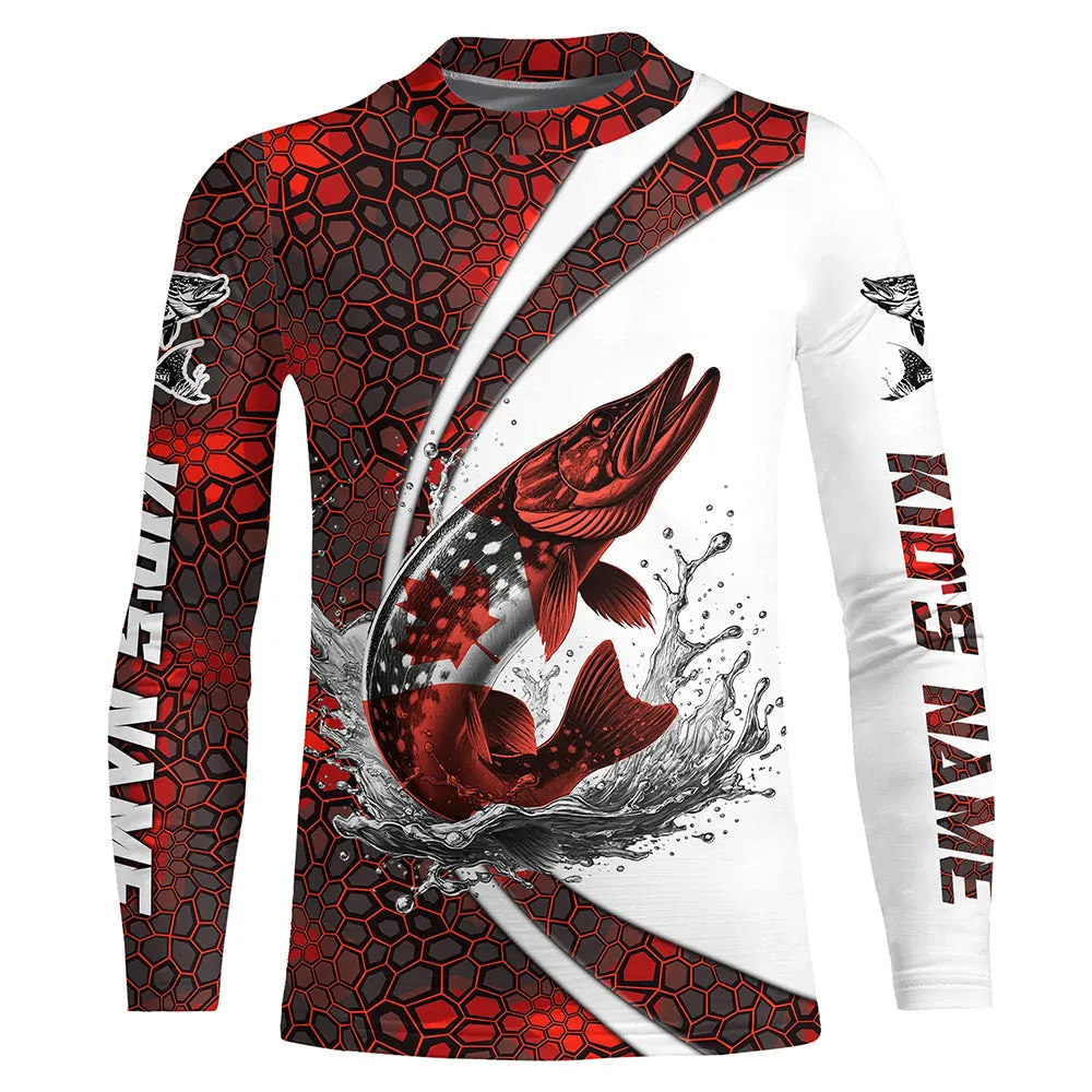 Canada Flag Pike Fishing Custom Long Sleeve Fishing Shirts, Pike Fishing Jerseys | Red Camo IPHW6841
