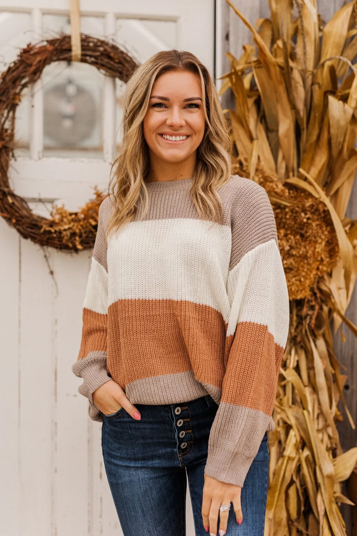 Chance To Change Knit Color Block Sweater- Mocha & Ivory