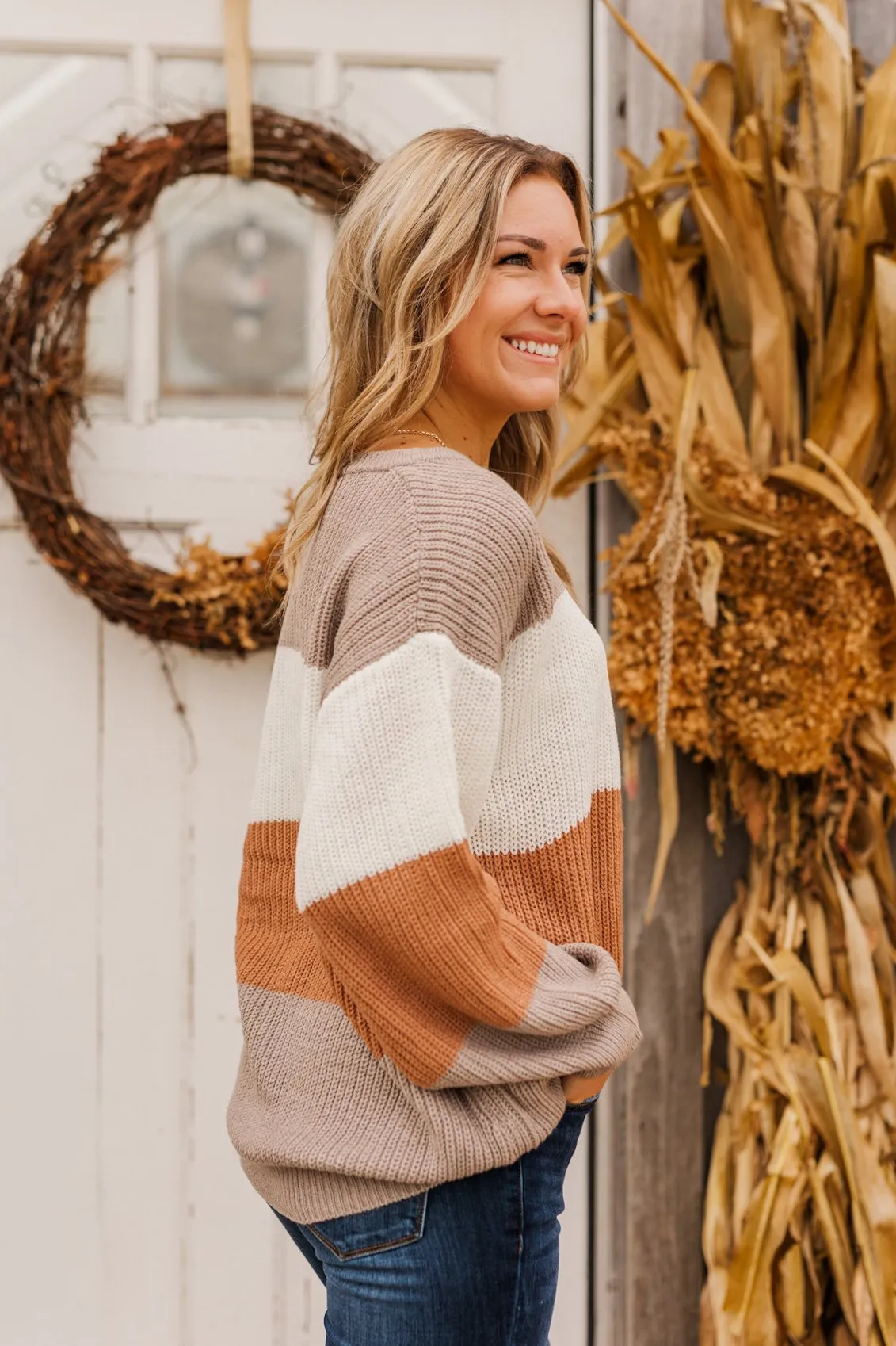 Chance To Change Knit Color Block Sweater- Mocha & Ivory