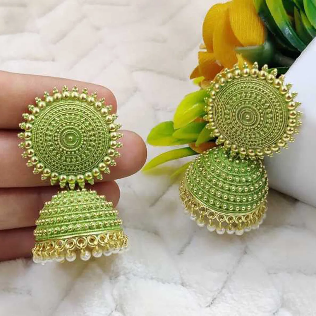 Combo of 2 Seagreen and Golden Pearls Dome Shape Jhumki