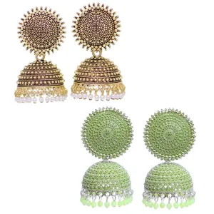Combo of 2 Seagreen and Golden Pearls Dome Shape Jhumki