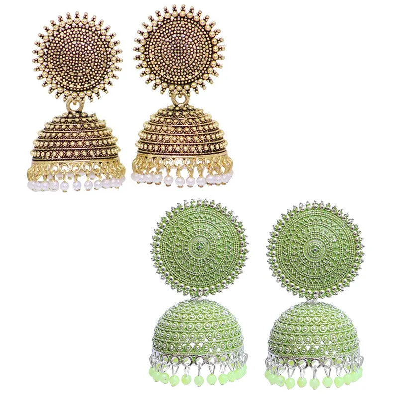 Combo of 2 Seagreen and Golden Pearls Dome Shape Jhumki