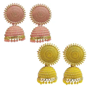 Combo of 2 Yellow and Peach Pearls Dome Shape Jhumki