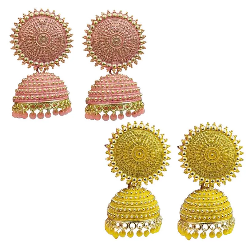 Combo of 2 Yellow and Peach Pearls Dome Shape Jhumki