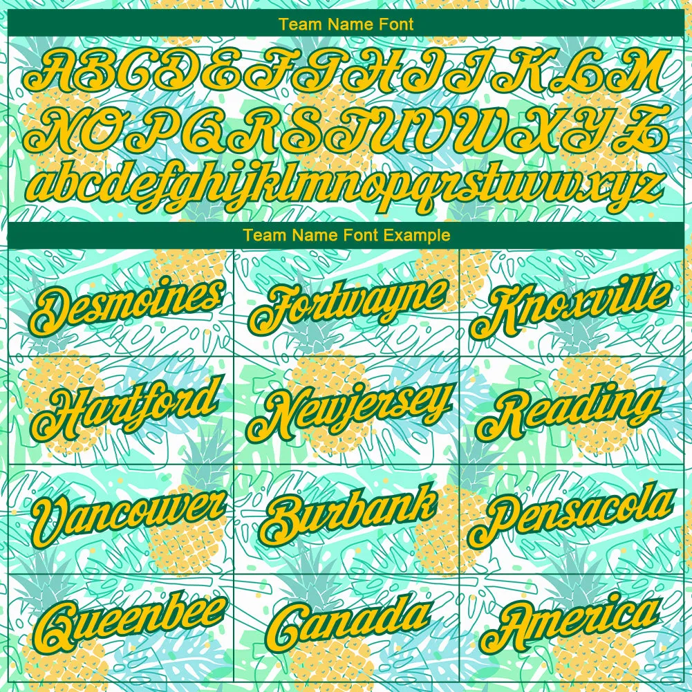 Custom White Yellow-Kelly Green 3D Pattern Design Hawaii Tropical Palm Leaves And Pineapple Performance T-Shirt