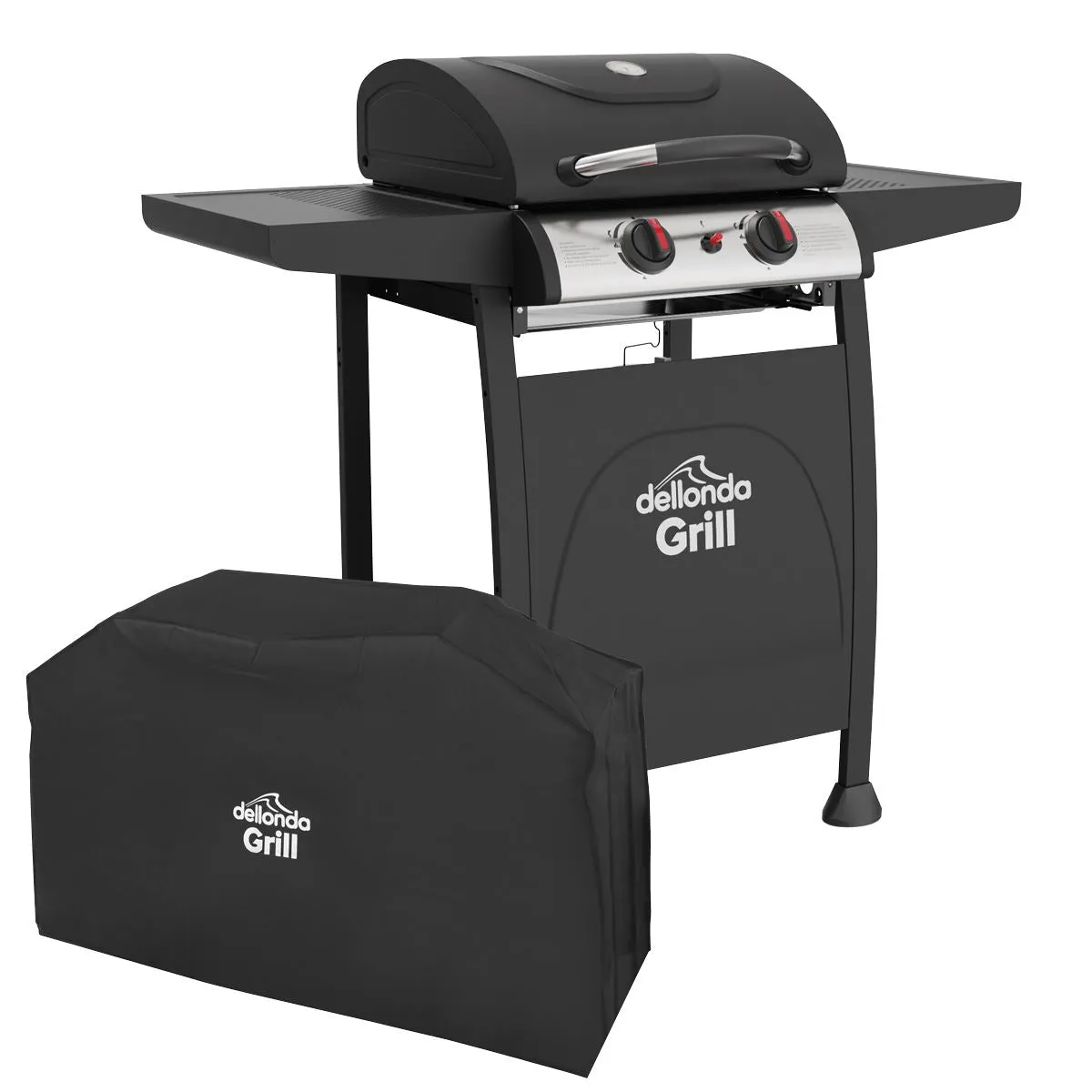 Dellonda 2 Burner Gas BBQ Grill with Piezo Ignition, Built-In Thermometer & Cover, Black/Stainless Steel