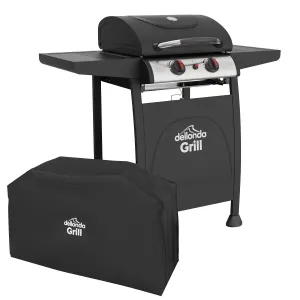 Dellonda 2 Burner Gas BBQ Grill with Piezo Ignition, Built-In Thermometer & Cover, Black/Stainless Steel